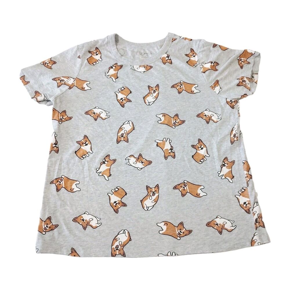 Zoe + Liv Women's Gray All Over Corgi Print Crew Neck T-Shirt Casual Comfort L